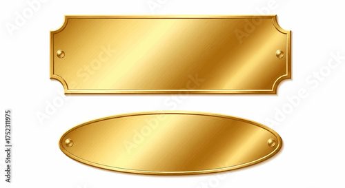 Luxury gold metal plates, elegant oval and rectangular plaques with rivets, isolated vector illustration