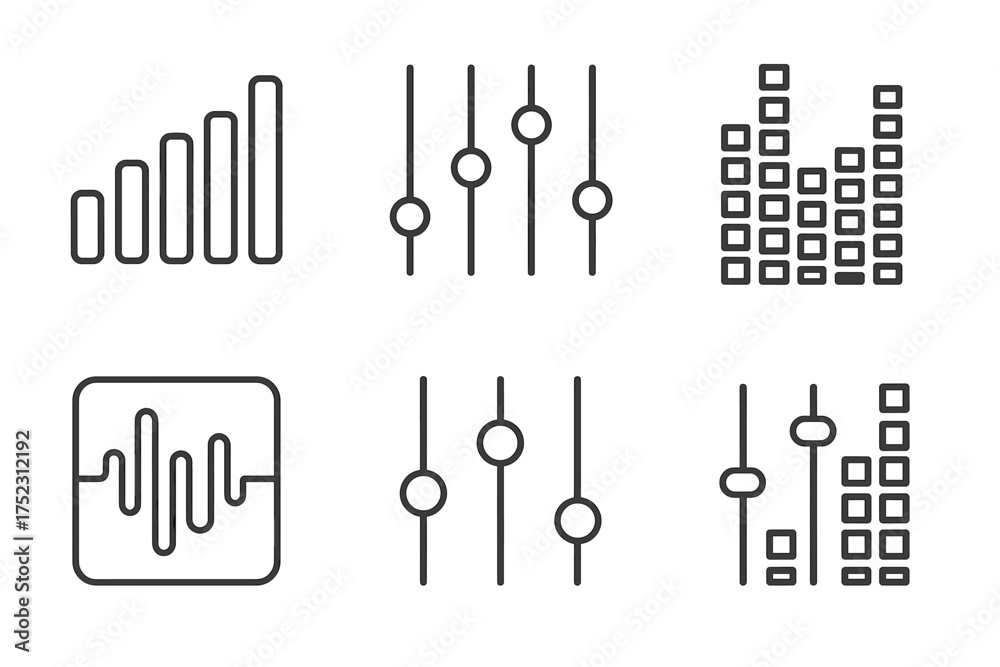 Fototapeta premium Audio control icon set with equalizer and sound wave symbols