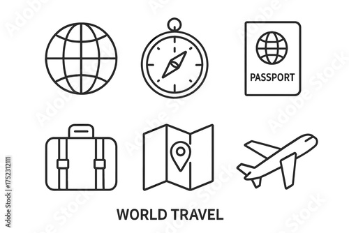 World travel icons: globe, compass, passport, luggage, map, airplane symbols