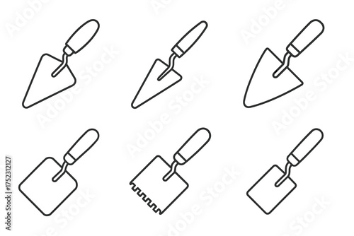 Set of six construction trowel tool line icons for diy and building projects
