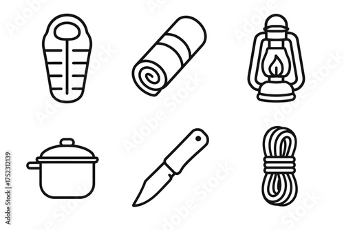 Essential camping gear icons: sleeping bag, blanket, lantern, pot, knife, rope