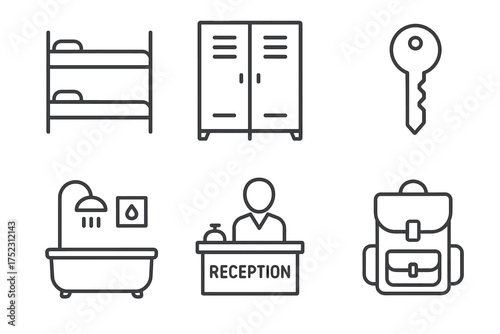 Outline icons of hostel essentials: bunk bed, lockers, key, bathtub, reception, backpack