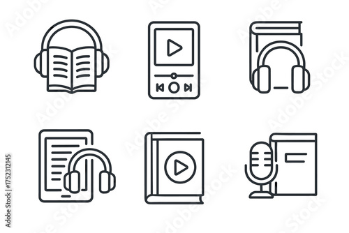Icon set: audiobook, music player, e-reader, headphones, microphone