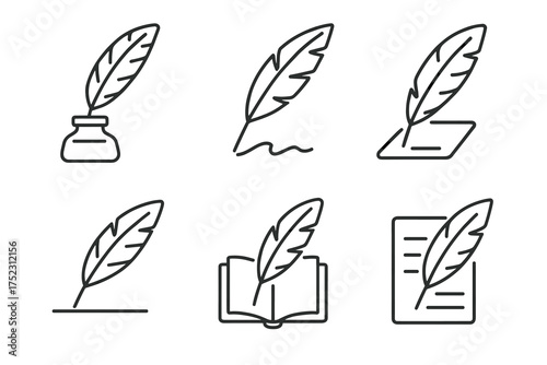 Set of feather pen icons: ink bottle, writing, open book, and paper designs