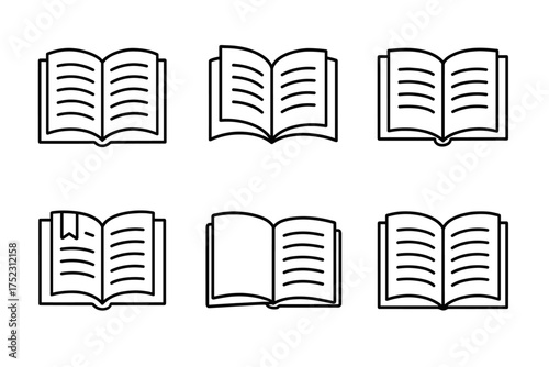 Set of six open book icons with diverse layouts and designs