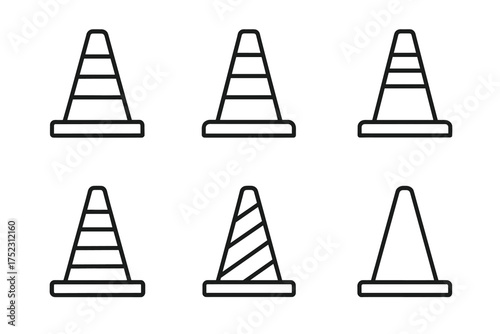 Set of six traffic cones: simple design icons in black and white