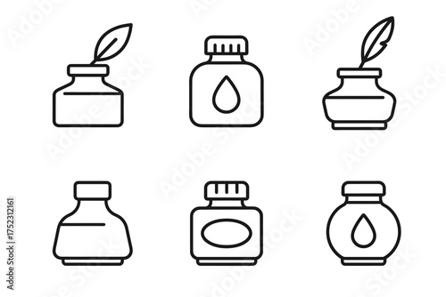 Six ink bottle icon variations with feather and drop designs