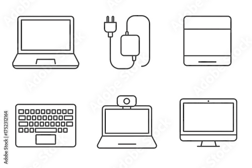Digital devices: laptop, charger, tablet, keyboard, webcam, monitor icons