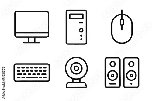Minimalist computer icon set: monitor, cpu, mouse, keyboard, webcam, speakers