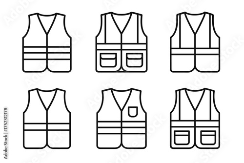 Line art icons of safety vests with varied pockets and features