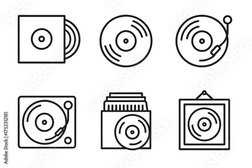 Vector icons of turntables and vinyl records with minimalist design
