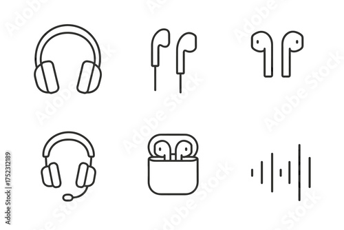 Headphones and earbuds icon set with sound wave symbol