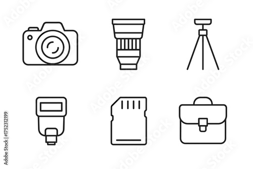 Outline icons of photography equipment: camera, lens, tripod, flash, sd card, bag