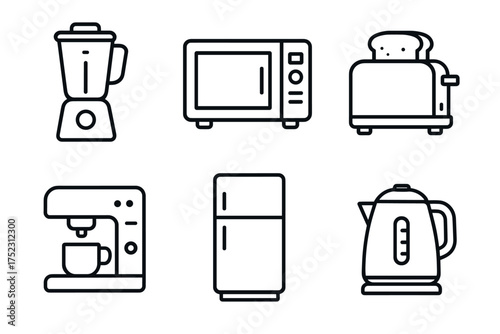 Essential kitchen appliances icons: blender, microwave, toaster, coffee maker, fridge, kettle