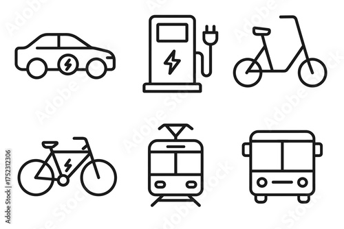 Electric transportation icons: car, charger, scooter, bicycle, train, bus