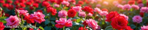 A field of vibrant red and pink roses bathed in soft, diffused sunlight, floral background, flower field
