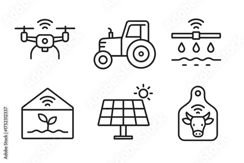 Smart agriculture technology icons: drone, tractor, irrigation, greenhouse, solar panel