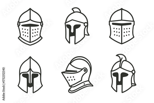 Illustration of medieval knight helmets in various styles