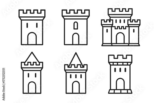 Medieval castle tower line icons set: fortified structures vector symbols