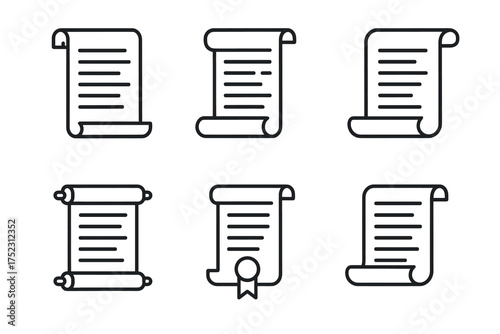 Collection of six scroll icons illustrating historical and legal themes