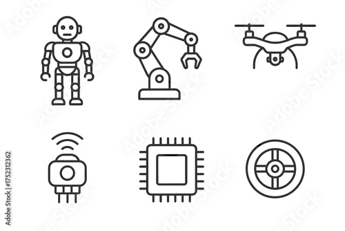 Robot and technology icons: drone, robotic arm, chip, and sensor symbols