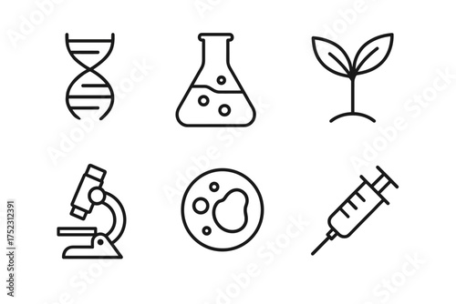 Science icons: dna, flask, plant, microscope, cell, syringe