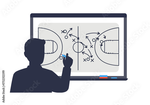 Silhouette of a Coach Drawing Basketball Strategy on Whiteboard.