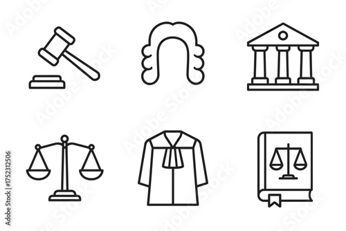 Courtroom icons: gavel, wig, courthouse, scales, robe, law book
