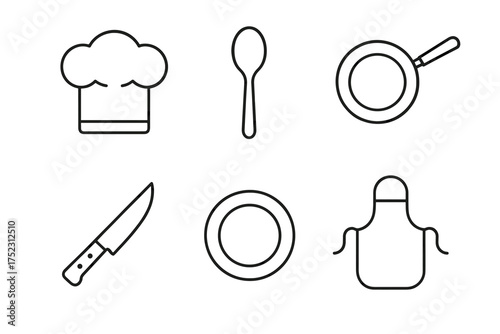 Minimalist cooking icons: chef hat, spoon, pan, knife, plate, apron