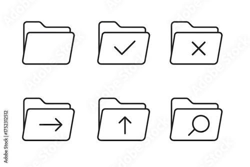 Set of six minimalist folder icons with symbols for organization and navigation