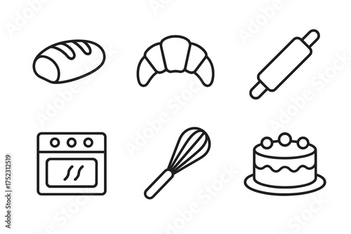 Outline icons of baking tools and pastries including bread, croissant, rolling pin, oven, whisk, and cake