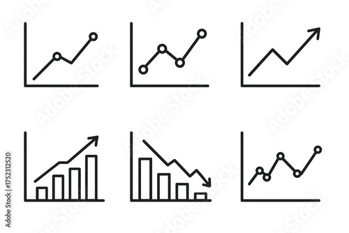Set of six minimalist line graph icons showing increasing and decreasing trends