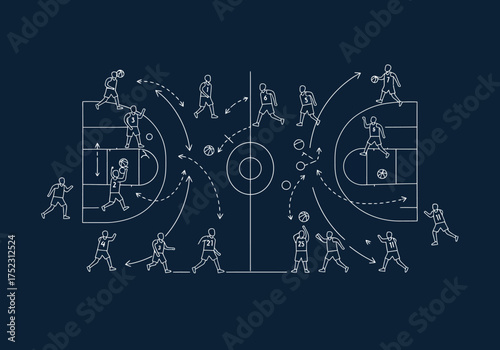 Basketball Play Diagram with Players and Arrows on Court.