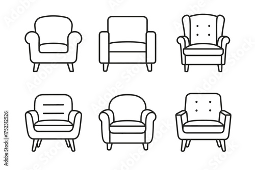 Set of six armchair line art icons featuring various designs