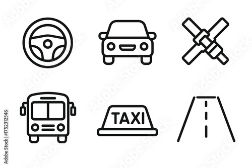 Transport icons set: car, bus, taxi, steering wheel, seatbelt, road