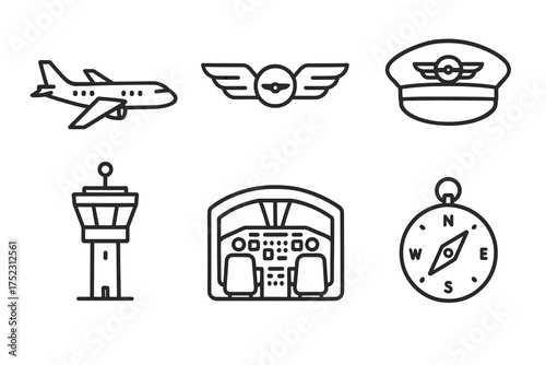 Aviation icons: airplane, pilot badge, cap, control tower, cockpit, compass