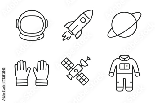 Space exploration icons: helmet, rocket, planet, gloves, satellite, spacesuit