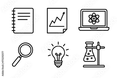 Set of six education and science icons: notebook, graph, laptop, magnifying glass, light bulb, flask