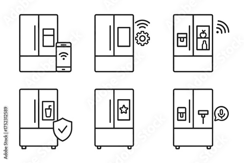 Smart refrigerator icons: connectivity and features in minimalist design