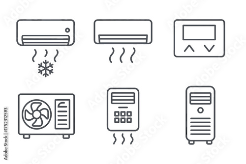 Vector icons of air conditioning and heating systems with control units