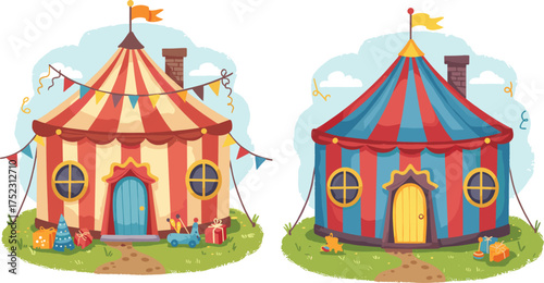 Cartoon circus tents with colorful flags, presents, and toys on grassy patches, festive celebration scene, white background, whimsical illustration
