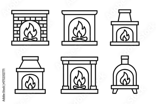 Set of six minimalist fireplace icons with varied designs and chimneys