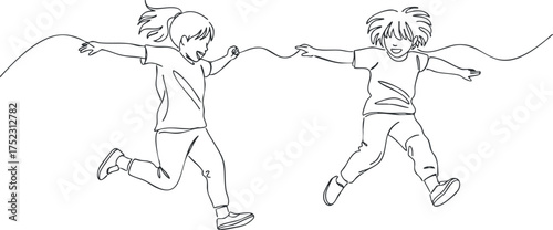 Two children joyfully jumping together while playing with a skipping rope in a playful illustration.