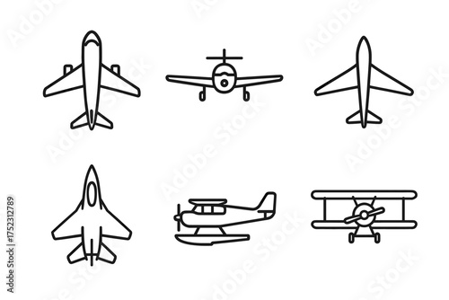 Outline icons of different airplane types: jet, biplane, seaplane