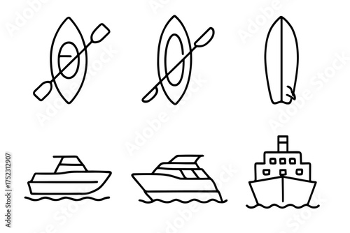 Minimalist boat icons: canoe, kayak, surfboard, yacht, and ship line art collection