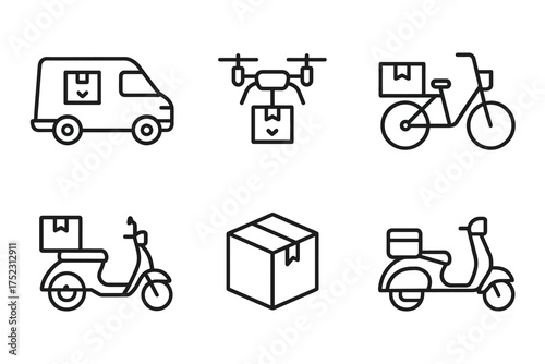 Outline icons of delivery methods: van, drone, bicycle, scooter, package