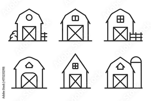 Set of six minimalist line art barn icons with various designs