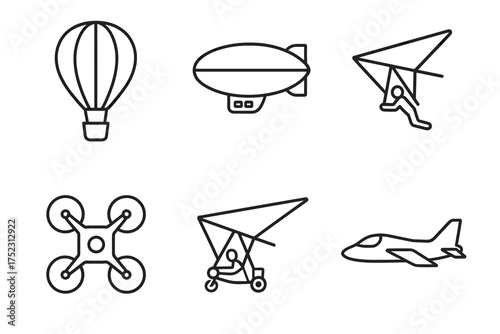 Line art of various aircraft: hot air balloon, blimp, glider, drone, ultralight, airplane