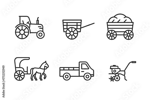 Outline icons of farming equipment: tractor, wagon, cart, horse, truck, mower