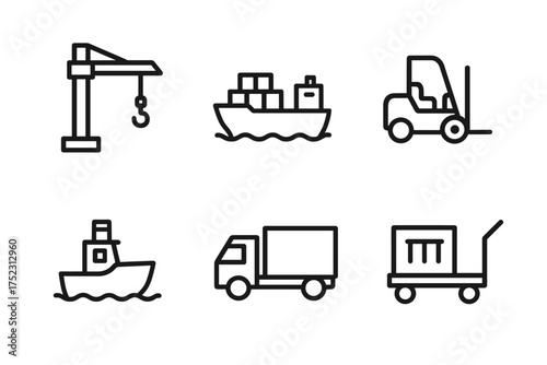 Logistics and shipping icons: crane, cargo ship, forklift, tugboat, truck, trolley